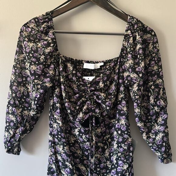 ASTR RUCHED SWEETHEART 3/4 SLEEVE ASYMMETRICAL BLACK PURPLE DITSY DRESS SM - Picture 4 of 7